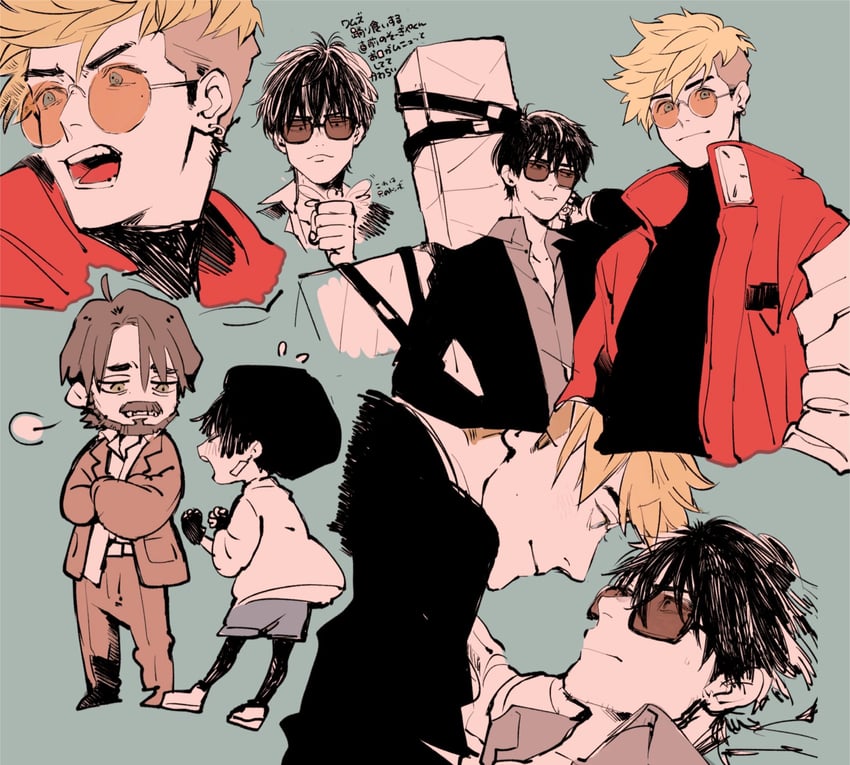 vash the stampede, nicholas d. wolfwood, meryl stryfe, and roberto de niro (trigun and 1 more) drawn by ashinamaturi