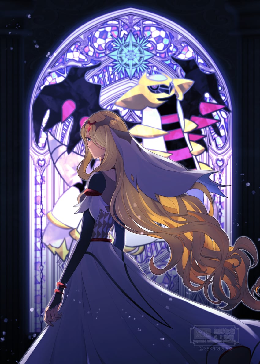 cynthia and giratina (pokemon and 1 more) drawn by sakaralalala
