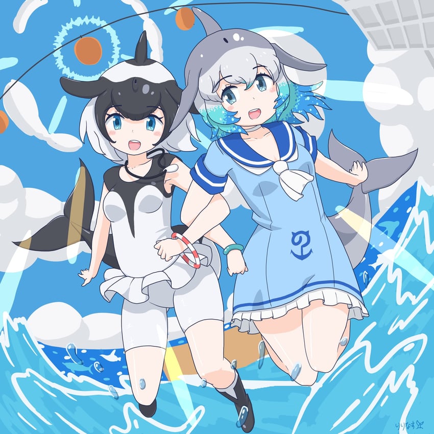 common bottlenose dolphin and commerson's dolphin (kemono friends) drawn by ririnasoon