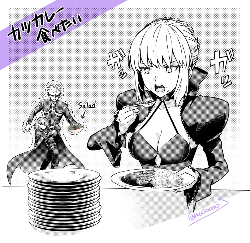 artoria pendragon, fujimaru ritsuka, saber alter, and archer (fate and 1 more) drawn by nuso