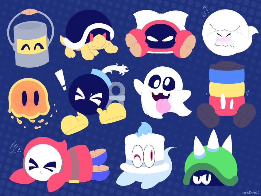 boo, shy guy, bob-omb, cappy, buzzy beetle, and 6 more (mario and 4 more) drawn by cookiirookii