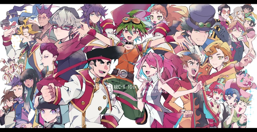 hiiragi yuzu, sakaki yuya, sawatari shingo, kotsu masumi, akaba reiji, and 25 more (yu-gi-oh! and 1 more) drawn by teketeke_(tasutekete)