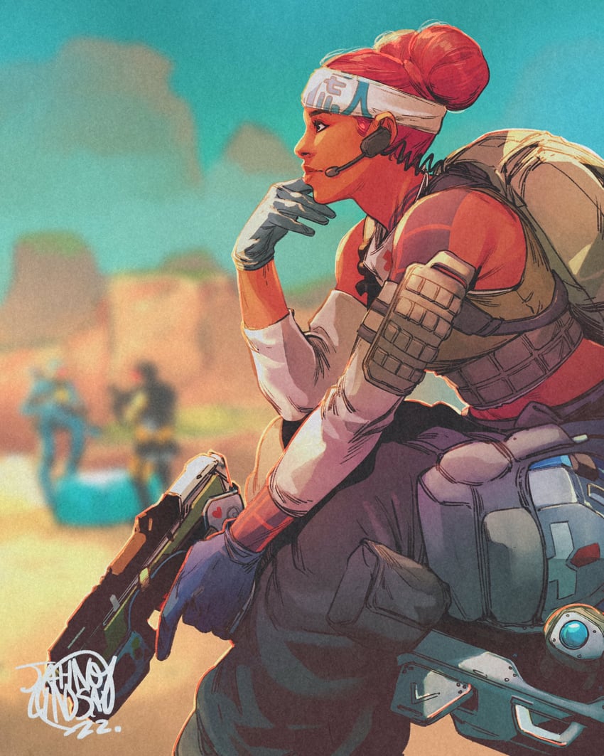 lifeline, mirage, pathfinder, and d.o.c. health drone (apex legends) drawn by jahnoy_lindsay