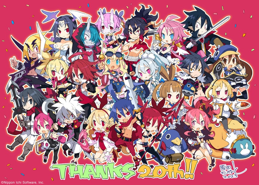 etna, prinny, flonne, laharl, rozalin, and 18 more (disgaea and 8 more) drawn by harada_takehito