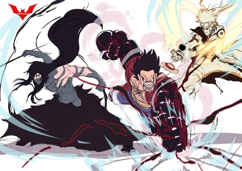 monkey d. luffy, uzumaki naruto, kurosaki ichigo, and getsuga (one piece and 4 more) drawn by batm_andrew