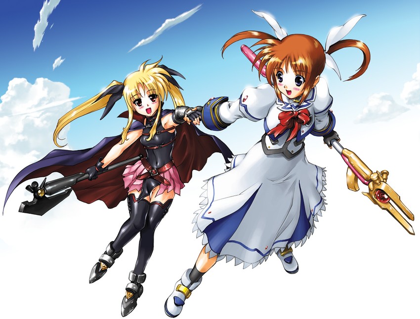 fate testarossa, takamachi nanoha, raising heart, and bardiche (lyrical nanoha and 2 more) drawn by henshako
