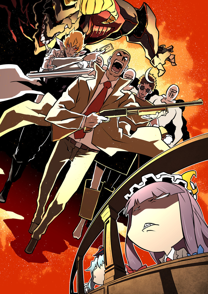 patchouli knowledge, kamishirasawa keine, sin sack, jack atlas, and red dragon archfiend (touhou and 2 more) drawn by gangure_(disemboweled)