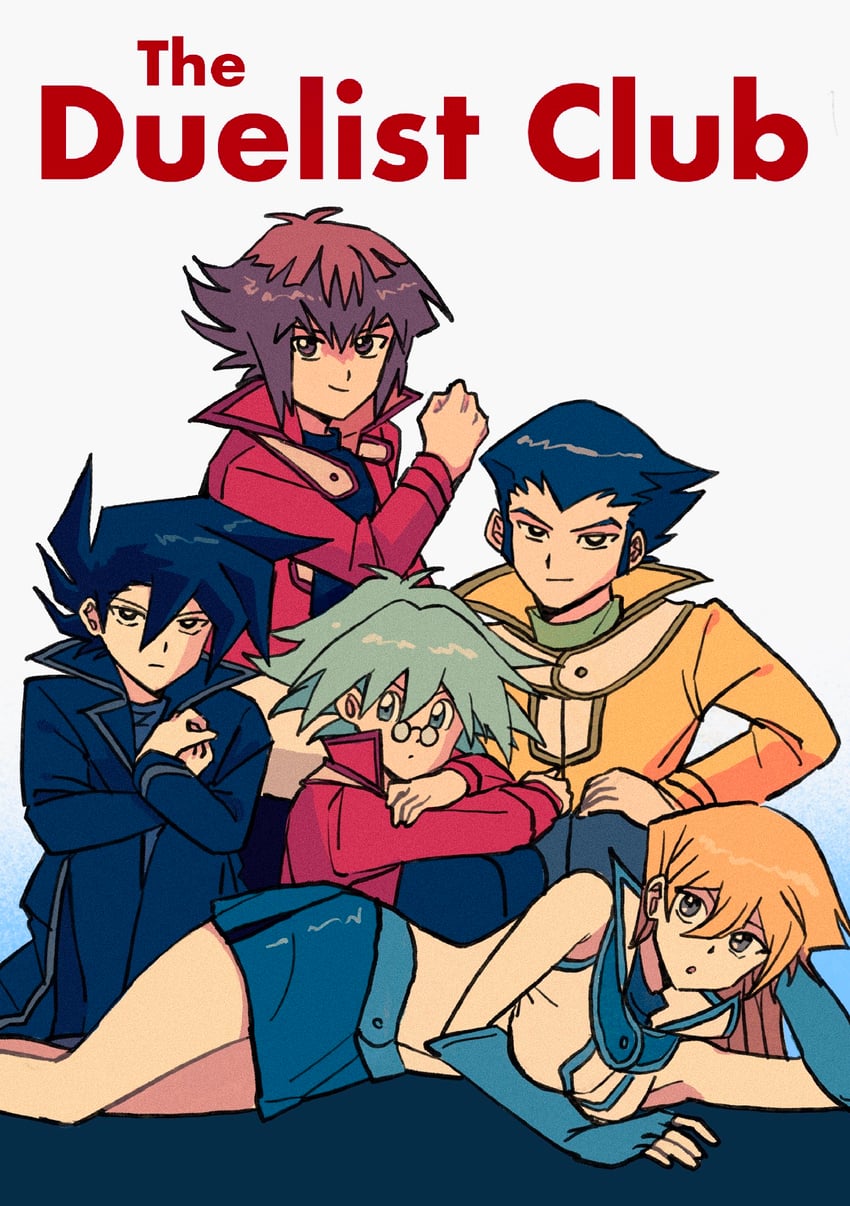 yuki judai, tenjouin asuka, manjoume jun, marufuji sho, and misawa daichi (yu-gi-oh! and 2 more) drawn by 100000ntd