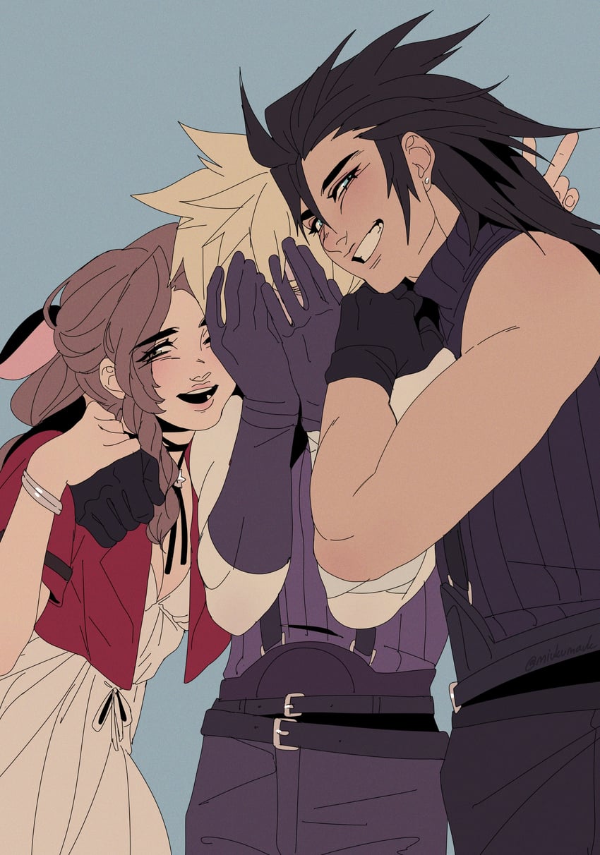 cloud strife, aerith gainsborough, and zack fair (final fantasy and 2 more) drawn by carla_antonia