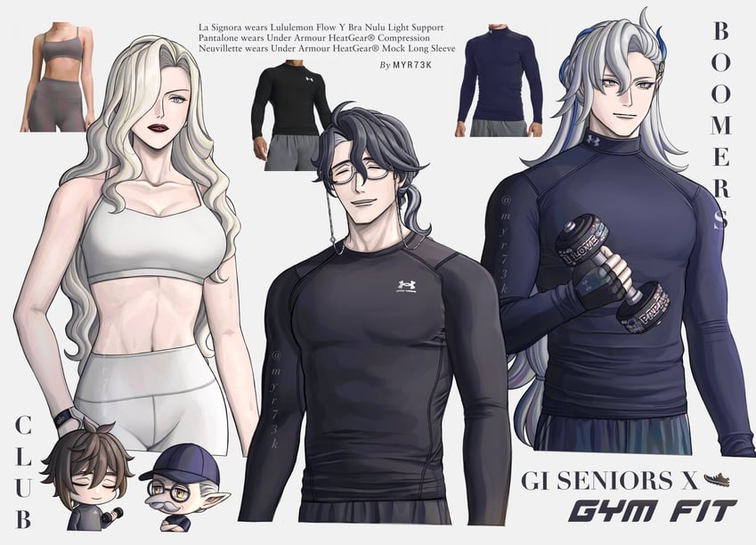 zhongli, neuvillette, signora, pantalone, and pulcinella (genshin impact) drawn by myr73k