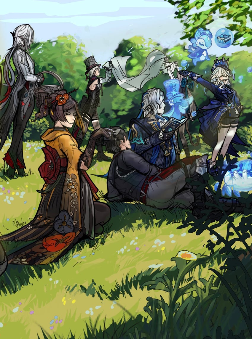 furina, arlecchino, neuvillette, lynette, wriothesley, and 5 more (genshin impact) drawn by djang0art