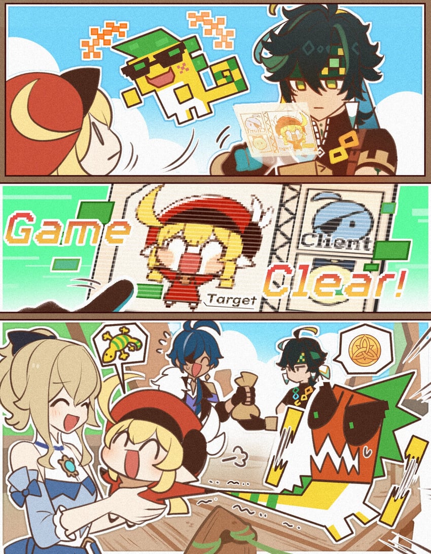 klee, jean, kaeya, kinich, and ajaw (genshin impact) drawn by enpitsu01