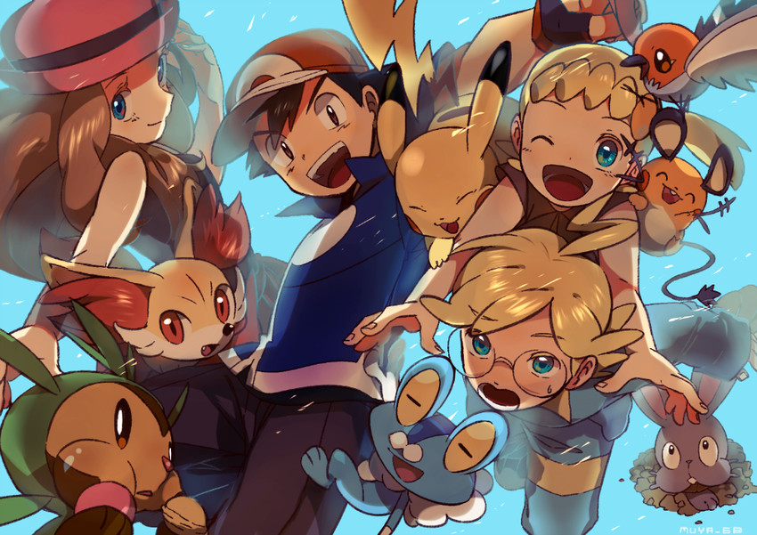 pikachu, ash ketchum, serena, fennekin, dedenne, and 6 more (pokemon and 1 more) drawn by skyloop19