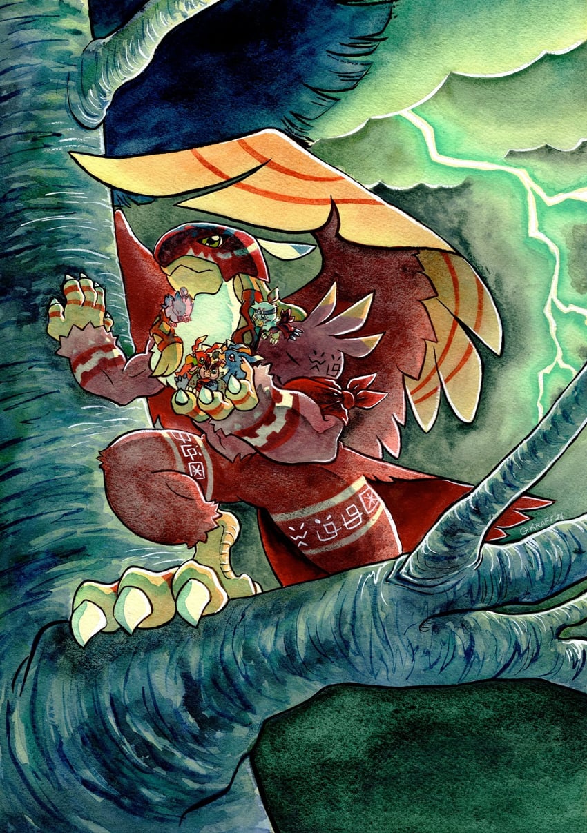 piyomon, hawkmon, garudamon, falcomon, muchomon, and 1 more (digimon) drawn by grace_kraft