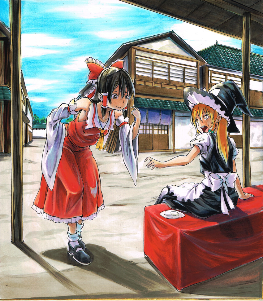 hakurei reimu and kirisame marisa (touhou) drawn by koji_(koji-a)