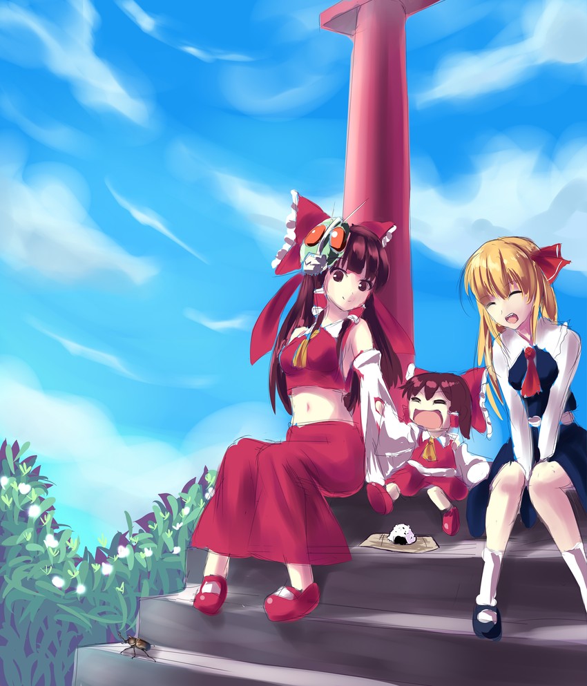 hakurei reimu, rumia, sendai hakurei no miko, and kamen rider 1 (original and 3 more) drawn by zi_se
