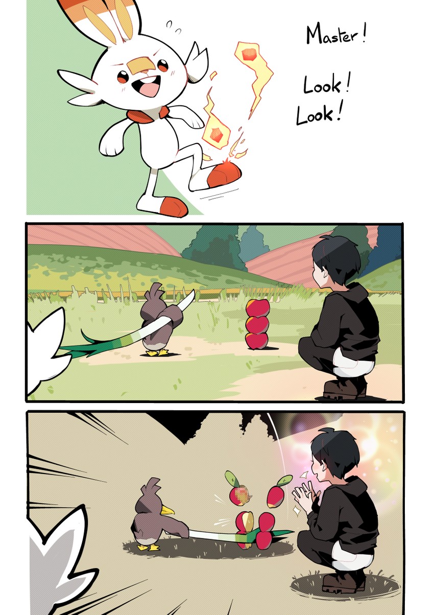 gloria, scorbunny, applin, and galarian farfetch'd (pokemon and 1 more) drawn by doodlerush