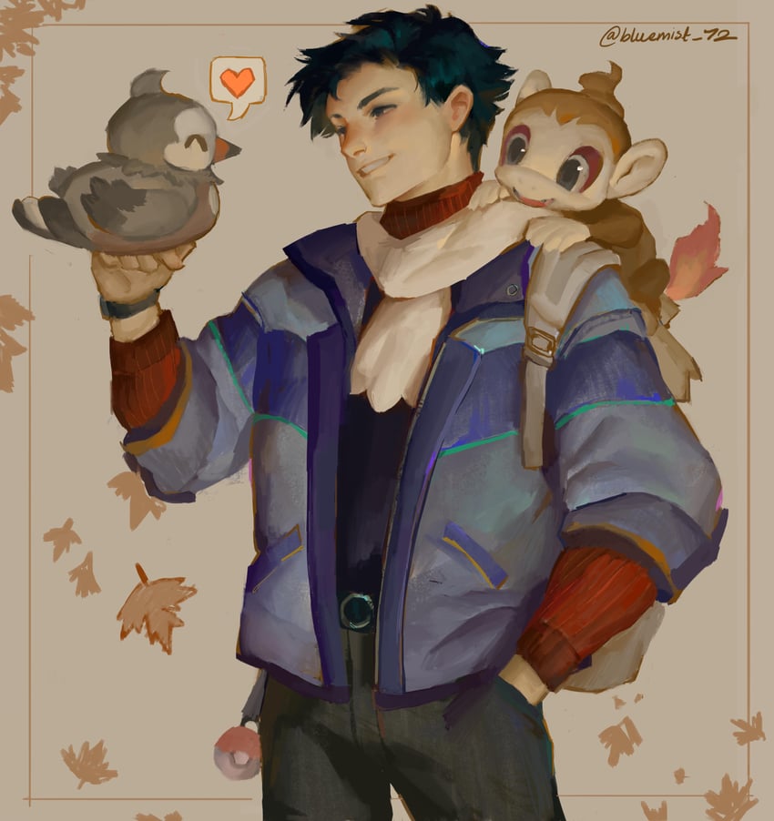 lucas, chimchar, and starly (pokemon and 2 more) drawn by bluemist72