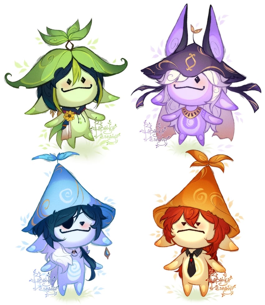 diluc, kaeya, tighnari, cyno, and aranara (genshin impact) drawn by babayka_draw
