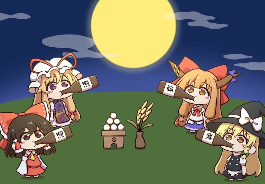 hakurei reimu, kirisame marisa, yakumo yukari, and ibuki suika (touhou) drawn by shitacemayo