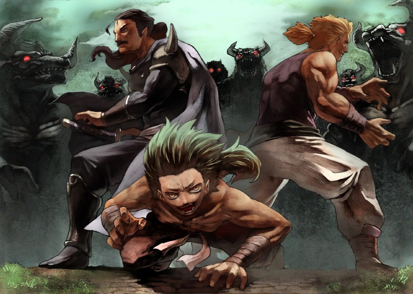 sabin rene figaro, cyan garamonde, and gau (final fantasy and 1 more) drawn by takeda_kanryuusai