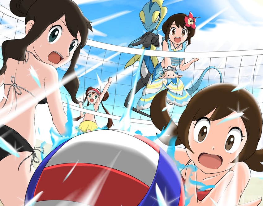 rosa, hilda, gloria, lyra, and inteleon (pokemon and 4 more) drawn by ya_mari_mo_3