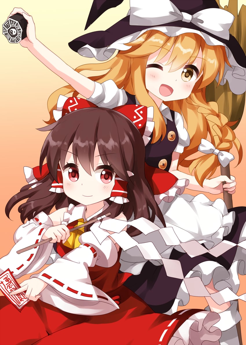 hakurei reimu and kirisame marisa (touhou) drawn by ruu_(tksymkw)