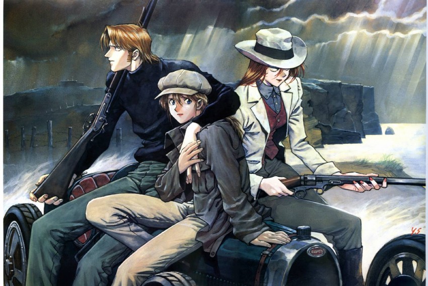 marie en carlsberg, sanson, and grandis granva (fushigi no umi no nadia) drawn by sadamoto_yoshiyuki