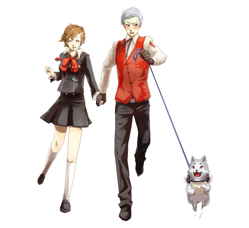 shiomi kotone, sanada akihiko, and koromaru (persona and 2 more) drawn by yomugi