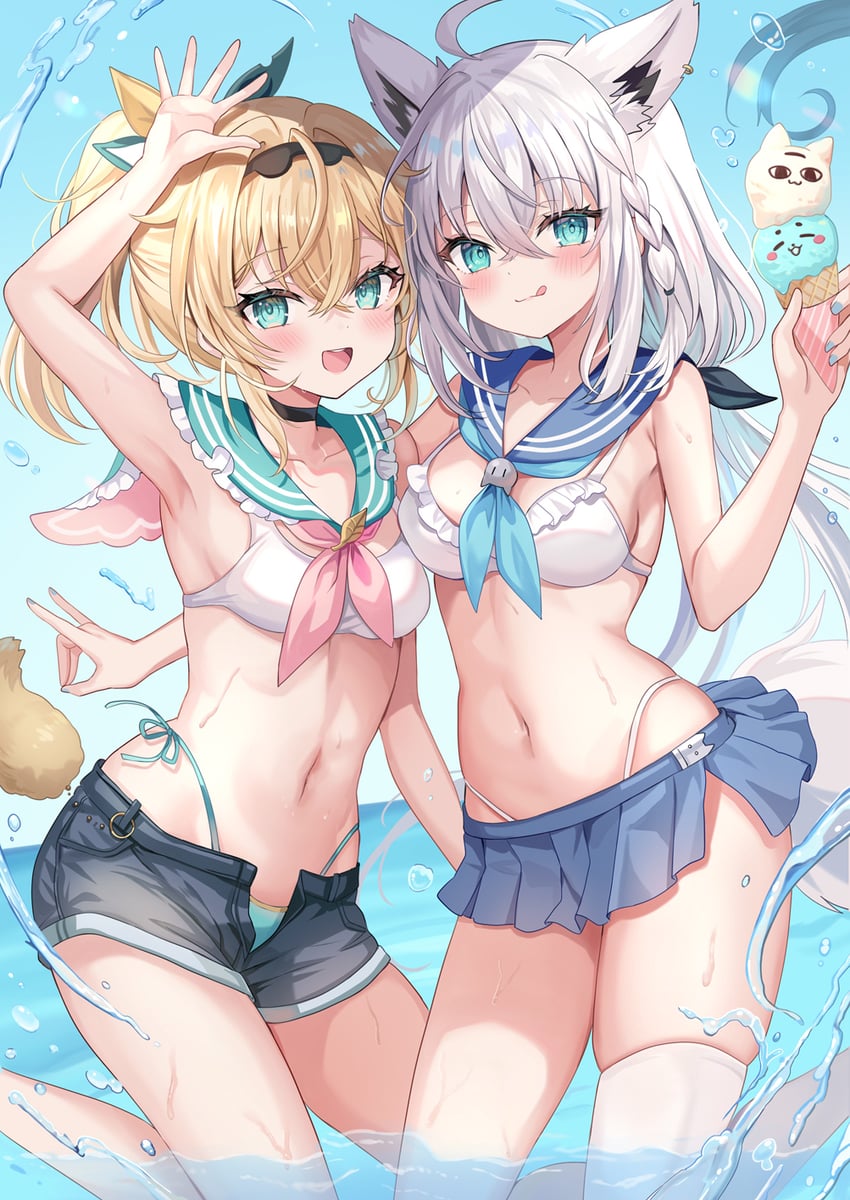 shirakami fubuki, kazama iroha, and miteiru (hololive) drawn by retsuto