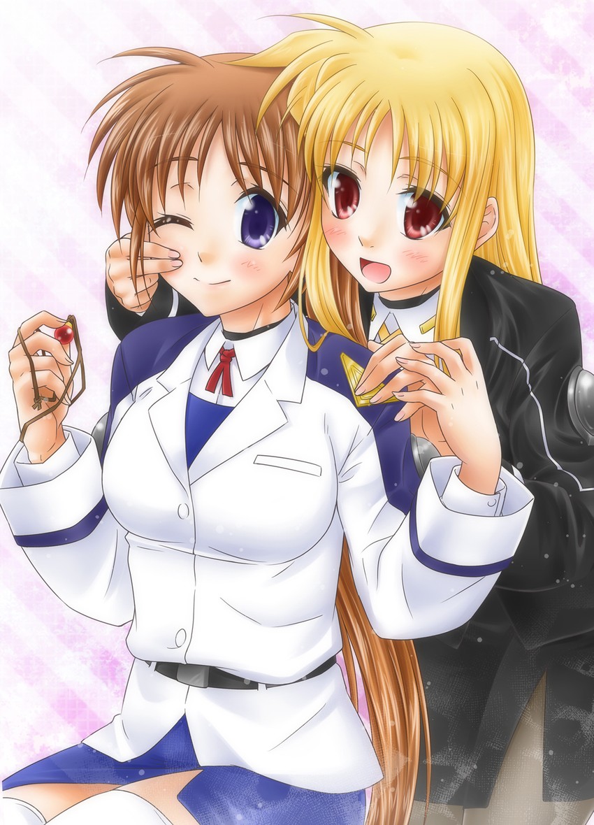 fate testarossa, takamachi nanoha, raising heart, and bardiche (lyrical nanoha and 1 more) drawn by shinozuki_takumi