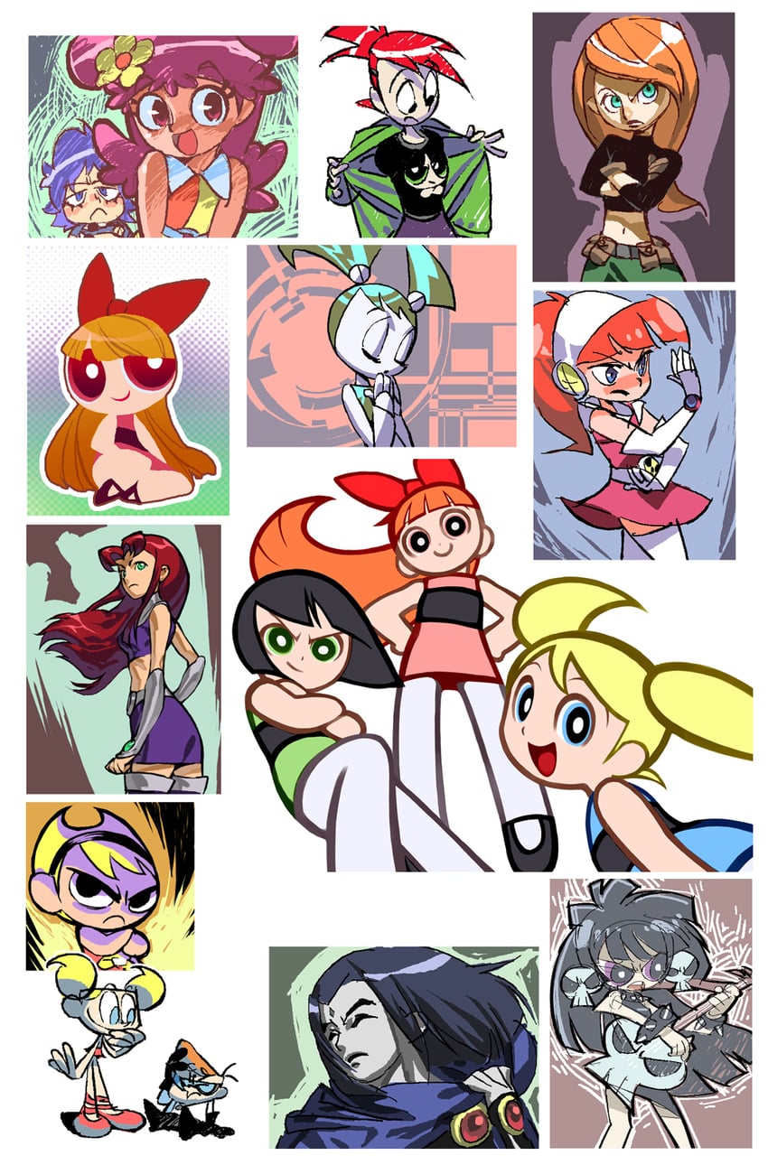 raven, starfire, buttercup, blossom, bubbles, and 9 more (dc comics and 9 more) drawn by otonari_koubou and yoshinari_you