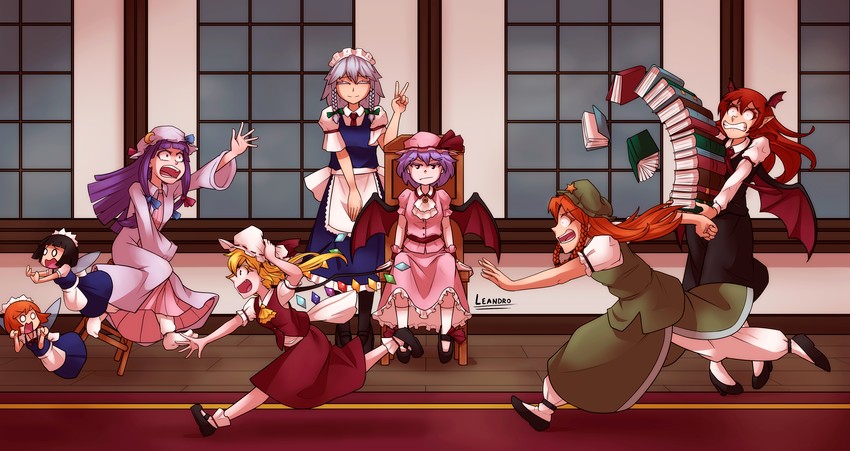 remilia scarlet, flandre scarlet, izayoi sakuya, patchouli knowledge, hong meiling, and 2 more (touhou and 1 more) drawn by little-leandro-show