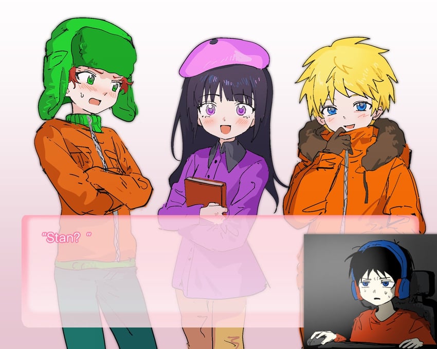 stan marsh, kenny mccormick, kyle broflovski, and wendy testaburger (south park) drawn by kakutou15