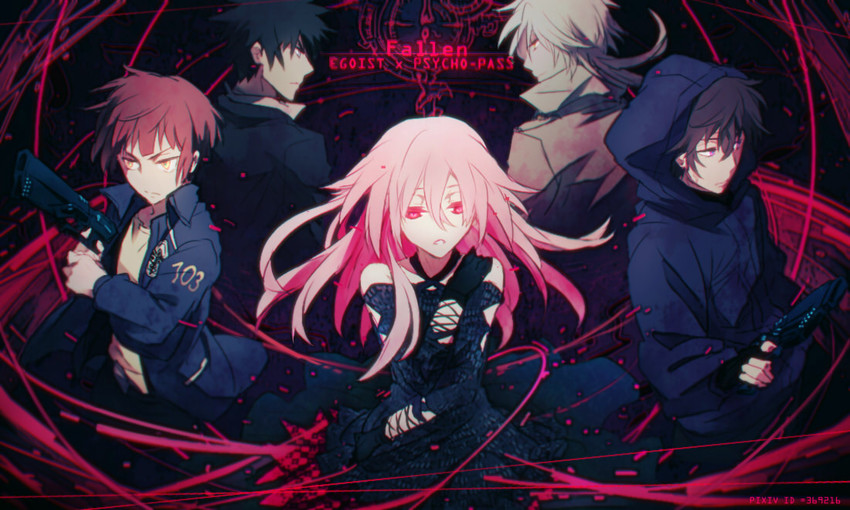 yuzuriha inori, tsunemori akane, kougami shin'ya, makishima shougo, and kamui kirito (guilty crown and 1 more) drawn by ankai_(rappelzankai)