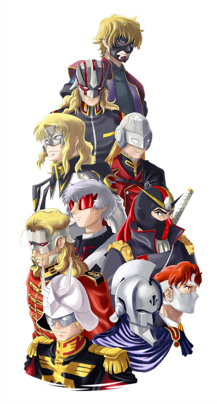 char aznable, graham aker, full frontal, zechs merquise, mister bushido, and 6 more (gundam and 9 more) drawn by yone