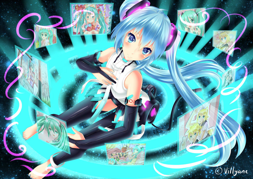 hatsune miku, kagamine rin, and kagamine len (vocaloid) drawn by villyane