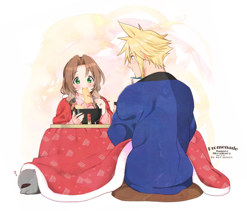 cloud strife and aerith gainsborough (final fantasy and 2 more) drawn by krudears