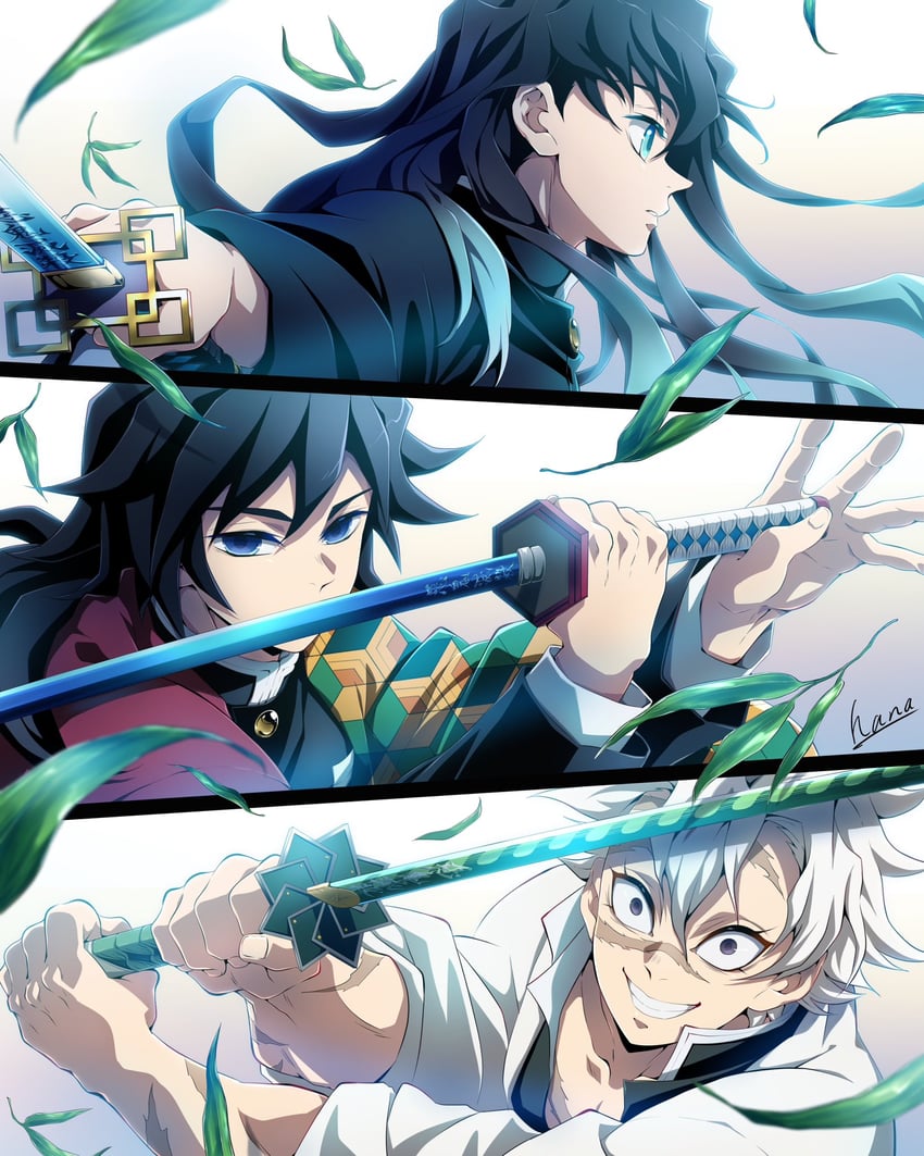 tomioka giyuu, tokitou muichirou, and shinazugawa sanemi (kimetsu no yaiba) drawn by hana_ni_nare