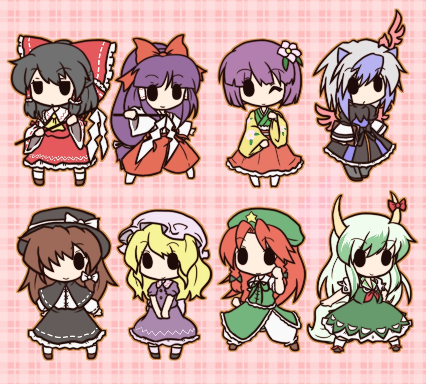 hakurei reimu, hong meiling, kamishirasawa keine, usami renko, maribel hearn, and 3 more (touhou) drawn by fushigi_ebi