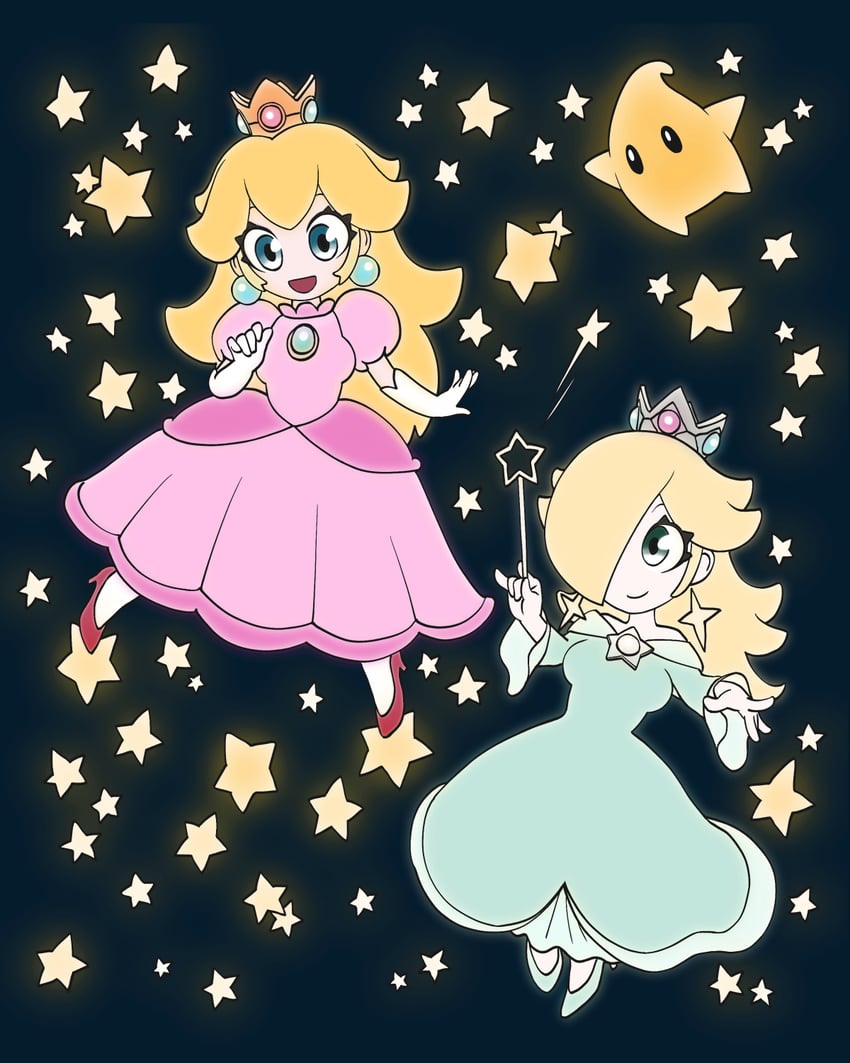 princess peach, rosalina, and luma (mario) drawn by sagami_youhei