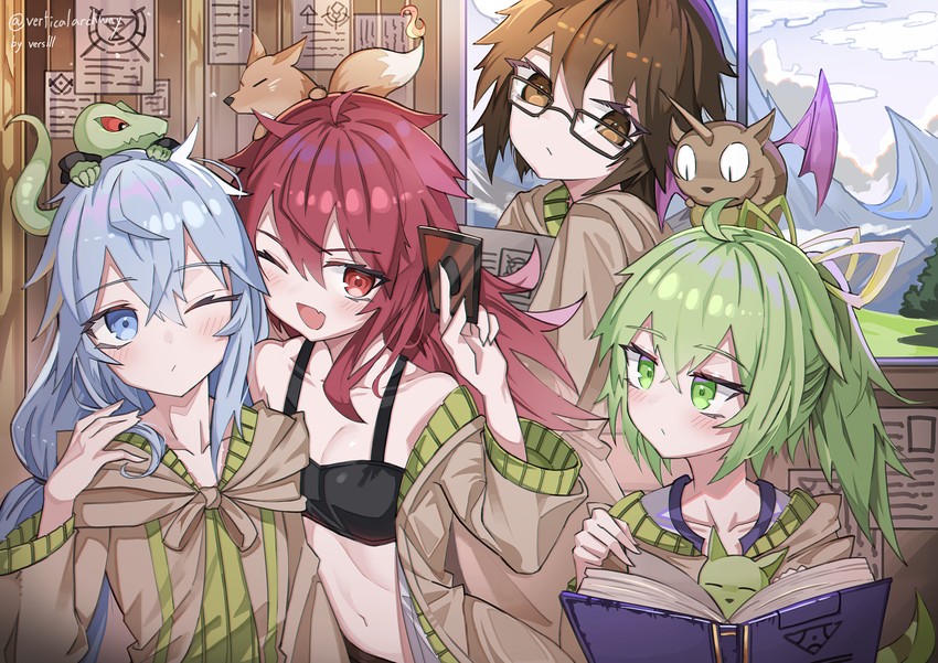 wynn, eria, hiita, wynn the wind charmer, eria the water charmer, and 7 more (yu-gi-oh!) drawn by verslll