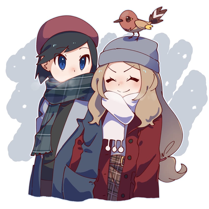 serena, calem, and fletchling (pokemon and 1 more) drawn by omochi_(omotimotittona3)
