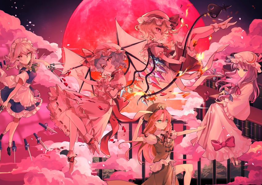 remilia scarlet, flandre scarlet, izayoi sakuya, patchouli knowledge, and hong meiling (touhou and 1 more) drawn by oito_(bowstringsmall)