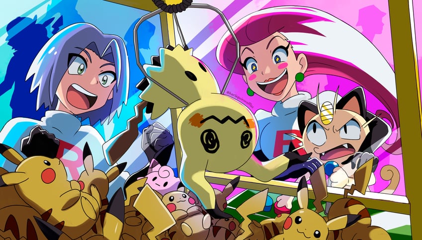 pikachu, mimikyu, jessie, james, meowth, and 1 more (pokemon and 1 more) drawn by harlequinwaffles