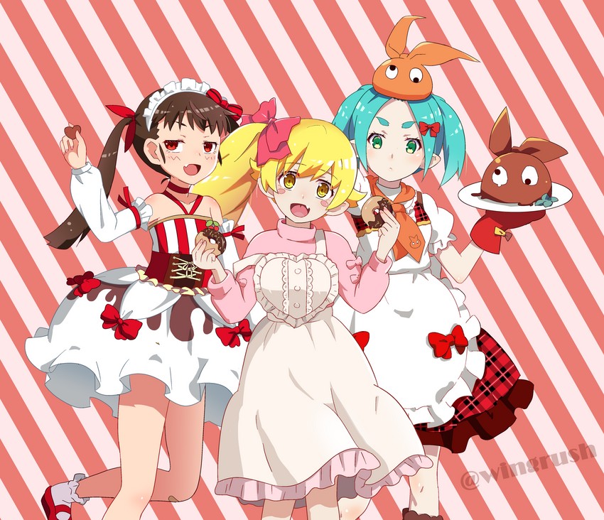oshino shinobu, hachikuji mayoi, and ononoki yotsugi (monogatari) drawn by fooring