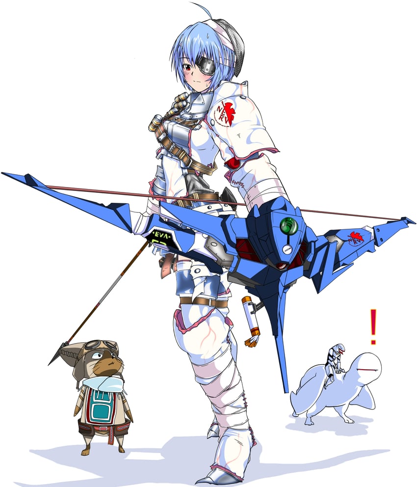 ayanami rei, felyne, eva 00, mass production eva, and khezu (neon genesis evangelion and 1 more) drawn by miitoban