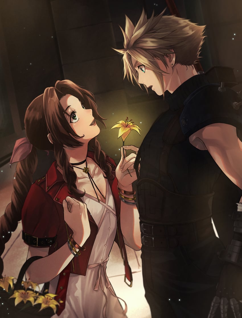 cloud strife and aerith gainsborough (final fantasy and 2 more) drawn by beckey9415