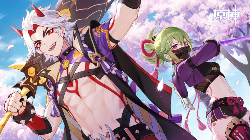 kuki shinobu and arataki itto (genshin impact) drawn by tokki