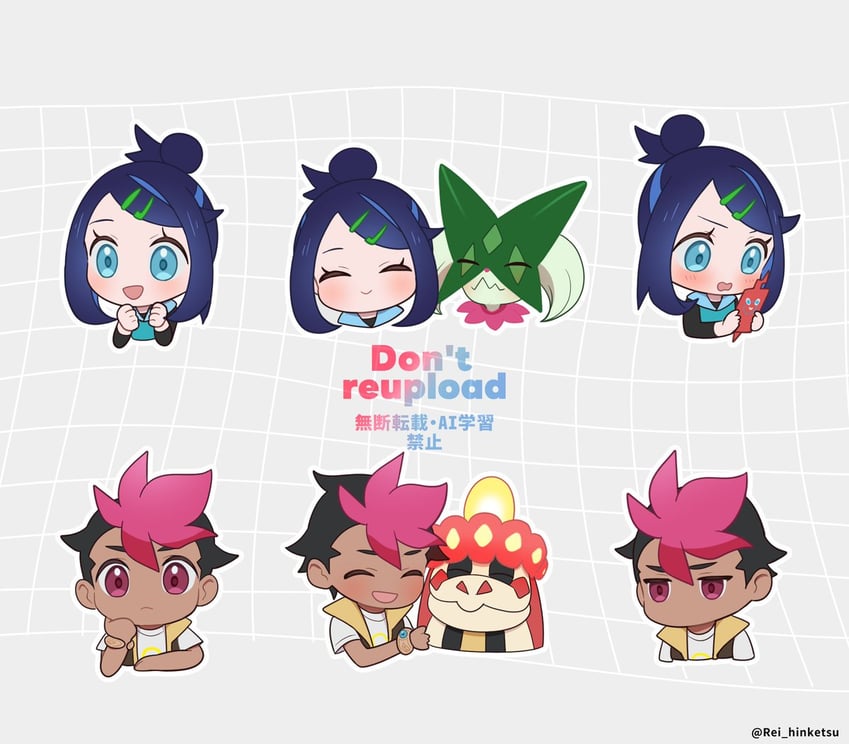 rotom, rotom phone, liko, meowscarada, roy, and 1 more (pokemon and 1 more) drawn by rei_hinketsu